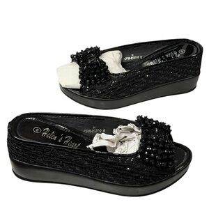 Helens Heart Wedge Sandal Womens 8 Black Open Toe Sparkle Bling Crystal Bow Glam
